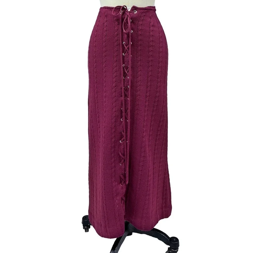 70s VTG Lace Up Front Cable Knit Sweater Skirt Plum Ankle Length Sz S/M